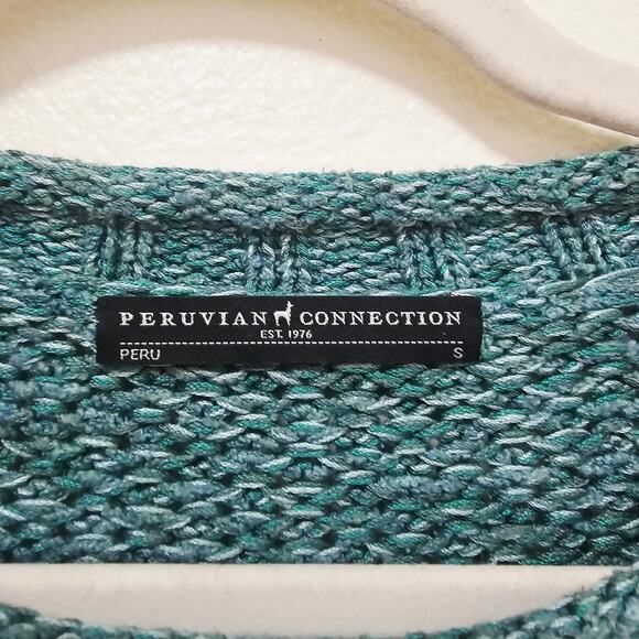 Peruvian Connection SzSm Green n White freckles mixed Cotton Sweater pullon top - Picture 3 of 13